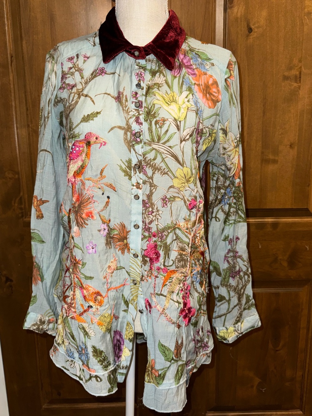 Aratta "Lilia" Embroidered Floral Bird Button-Up Shirt Velvet Collar SZ M Boho
